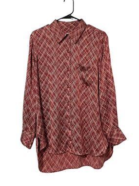 Equipment Femme 100% Silk Button Down Hatch Print Long Sleeve Maroon Red Pink XL